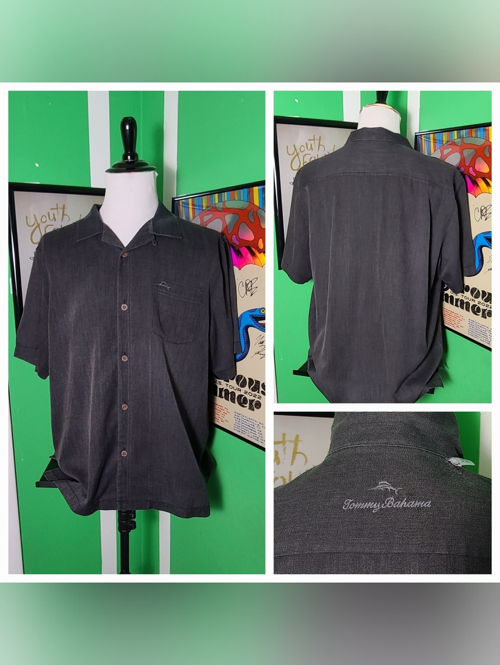 Tommy Bahama IslandZone Silk Blend Camp Shirt Mens Large Black Charcoal SS
